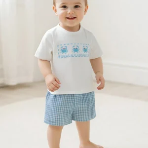 Kids Beachwear Set Ocean-themed Embroidered T-Shirt with Matching Plaid Shorts